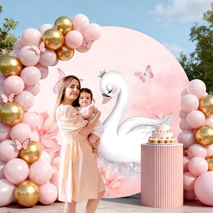 AOFOTO Swan Round Backdrop Pink Floral Butterfly Print Photography Background for Baby Shower Women Newborn Girls Birthday Party Banner Home Wall Decor Photo Studio Booth Props 6x6ft