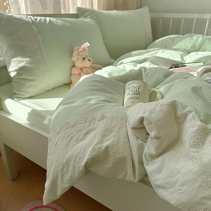 LifeTB Green Gingham Comforter Set Twin XL Romantic Lace Design Vintage Plaid Checkered Pattern Comforter with 2 Pillowcases Green Plaid Grid Bedding Comforter Set Fluffy Soft Gingham Bedding Set