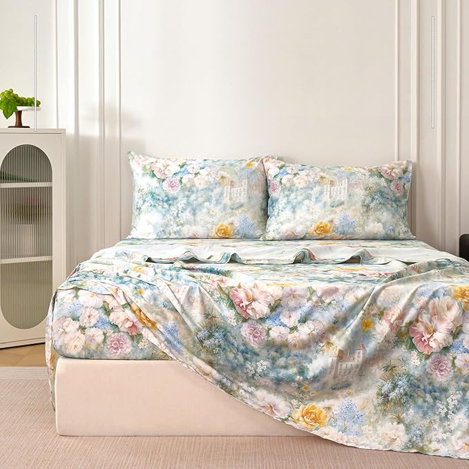 Zusbest King Size Sheets Luxury Floral Bed Sheet Set 100% Cotton, Satin Weave Soft Breathable for Hot Sleepers Romantic Peony Flowery Printed Cottagecore Bedding Deep Pocket 17.5‘’ Bed Set 4Pcs