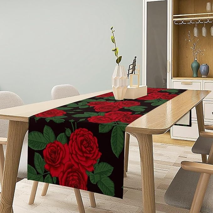 Red Rose Print Table Runner, Romantic Valentines Rose Summer Seasonal Dinner Runner Table Decoration for Home Kitchen Dining Holiday Wedding Party 13x120in