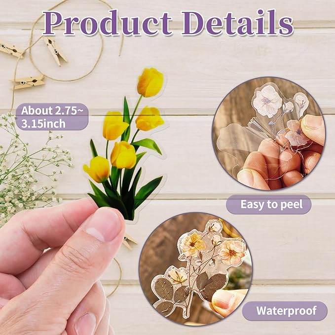 Transparent Flower Stickers for Scrapbooking PET Nature Plant Stickers Floral Stickers Vintage Craft Sticker Colorful Small Flower Sticker for Journaling Scrapbooking Clear Flower Decals(Style F)