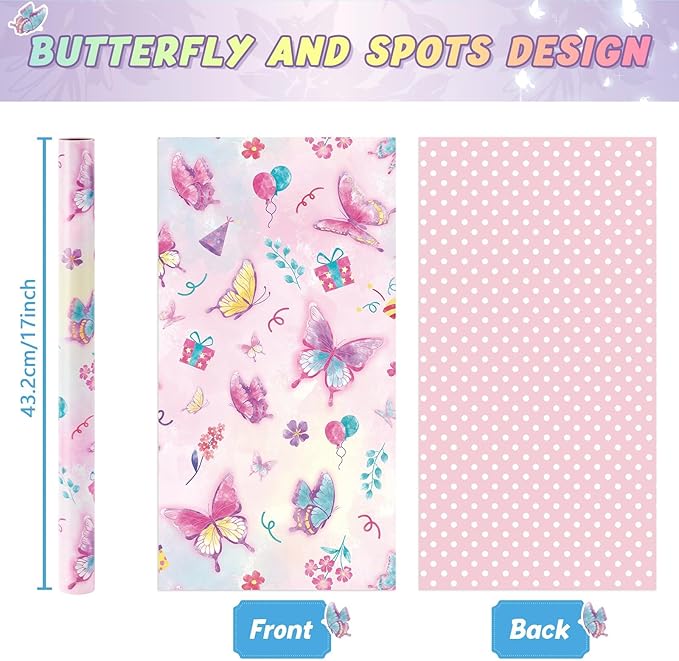WERNNSAI Butterfly Wrapping Paper Roll - 1 Roll 17” x 33 ft Butterfly Fairy Wrapping Paper Pink Purple Flower Gift Packing for Kids Girls Birthday Baby Shower Bridal Shower Decor Reversible Polka Dot Design