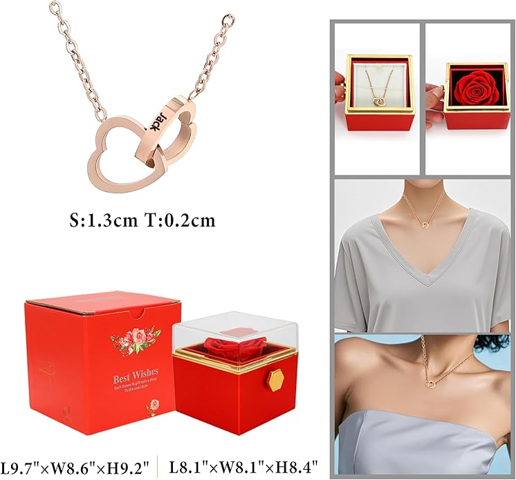 ‌TINGKU Eternal Real Rose Gift Box for Women, Preserved Rose with Customized Name Engraved Heart Necklace, Personalized Romantic Gift for Wife, Girlfriend, Mom, Mother's Day Love Keepsake