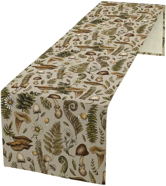 Vintage Woodland Mushroom Table Runner, Rustic Forest Green Plants Wild Mushroom Ferns Daisy Print Kitchen Dining Table Runners for Indoor Outdoor Home Party Holiday Decor, 13x36inch