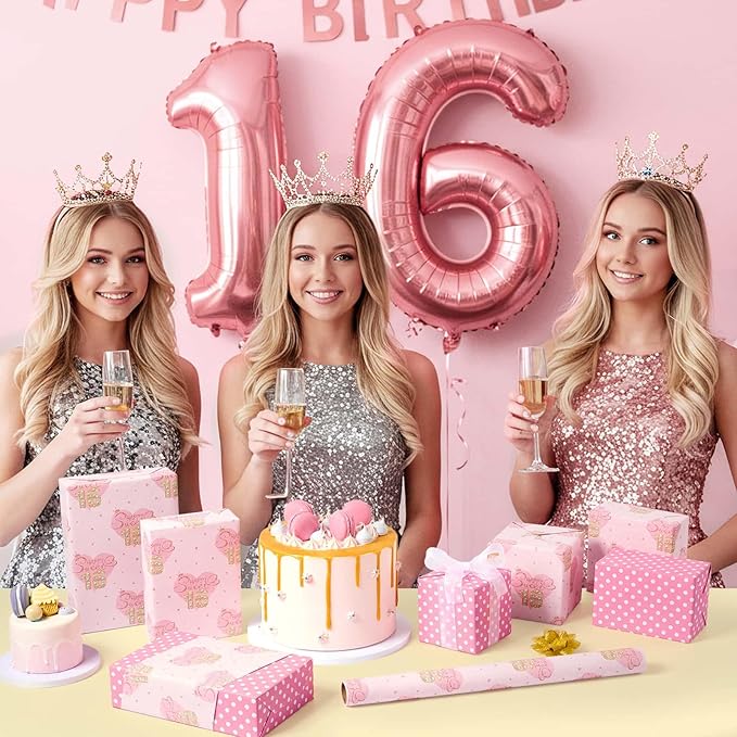 WERNNSAI Sweet 16th Birthday Wrapping Paper - 1 Roll 17”x 33ft Pink Love Heart Wrapping Paper 16th Girl Birthday Gift Packing Suppply for Princess Theme Party Wrap Decor Supply