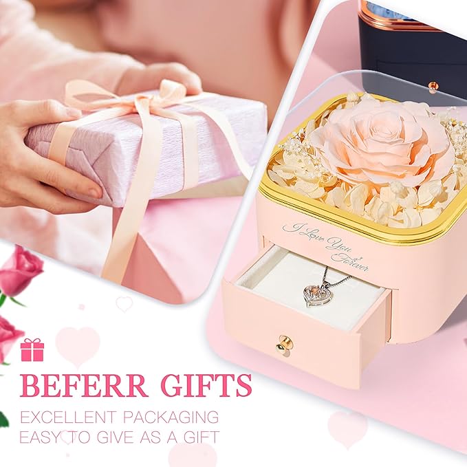 Beferr Preserved Rose with Necklace for Mom Birthday Gifts Eternal Roses Fresh Flowers for Delivery Prime Christmas Day Gifts for Her Mother Grandma Wife Sister Daughter Girl Friends