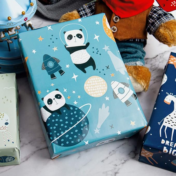 WRAPAHOLIC Wrapping Paper Sheet - 12 Sheets Cute Animal Design for Birthday, Holiday, Party, Baby Shower - 17.5 Inch x 39.3 Inch Per Sheet