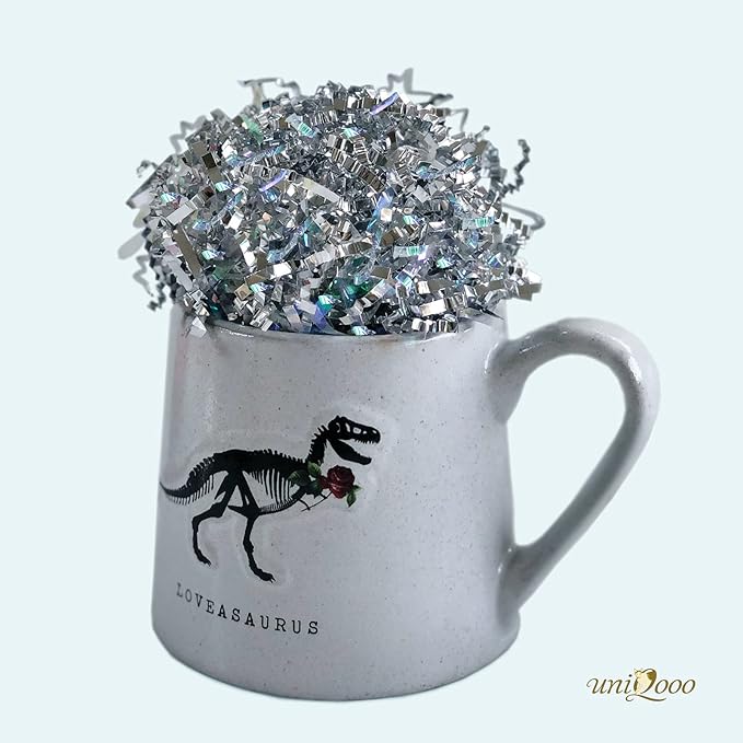 UNIQOOO 1/2 LB Metallic Iridescent Silver Crinkle Cut Paper Shredded Filler, Sparkle Crystal Unicorn Silver Paper Shreds Raffia Tissue, Craft Bedding Cushion, For Christmas Gifts Wedding Birthday