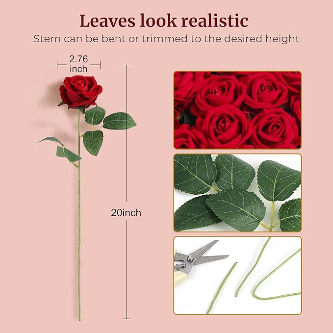 Auihiay 104pcs Red Roses Artificial Flowers - Realistic Faux Red Roses for Wedding Wedding, Table Centerpiece, Home Party, Valentine's Day, Mother's Day, Anniversary Decorations