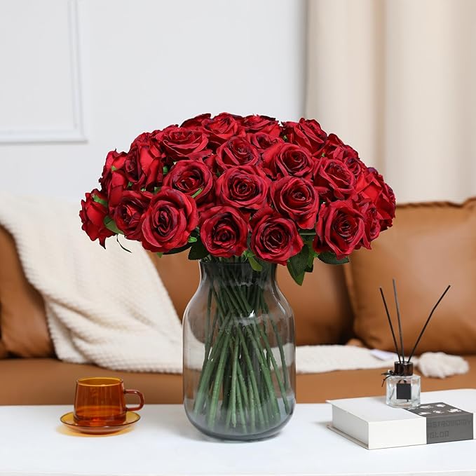 Tifuly Red Roses Artificial Flowers - 12 pcs Realistic Long Stem Fake Roses Faux Silk Flowers for DIY Bouquets Wedding Centerpieces Arrangements Home Party Decor（Burgundy）