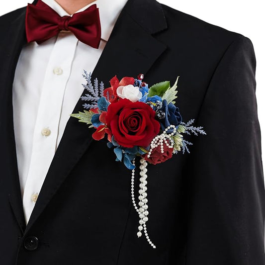 TINGE TIME Boutonniere for Men Wedding,Groom and Best Man Boutonniere for Wedding, Prom, Homecoming, Anniversary, Graduation, Christmas Dinner (1, Red & Navy Blue)