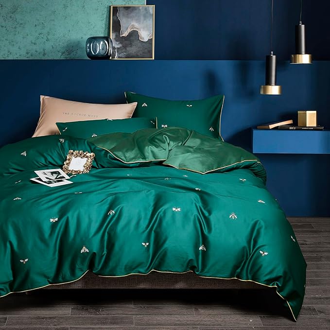 mixinni Dark Green Duvet Cover Full Size, 100% Long Staple Cotton Honeybee Floral Pattern 3pc Bedding Duvet Cover Set with Zipper Ties 2 Pillowcases Perfect for Him and Her-Full Size