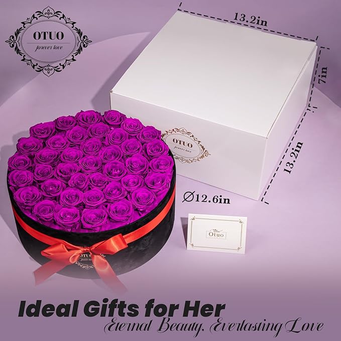 40 Real Preserved Roses in Suede Box Forever Roses Last Up to 3 Years, Flowers for Delivery Prime, Mother’s Day, Birthday, Christmas - Purple