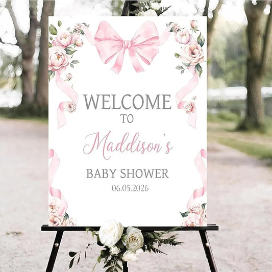 Personalized Pink Bow Baby Shower Welcome Sign, Custom Minimalist Bow Baby Girl Party Sign, Baby's Shower Gifts, Birthday Gifts, Gender Reveal Decorations, Newborn Announcement Party Supplies - 15