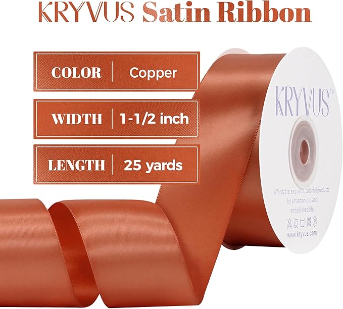 Copper Satin Ribbon, Double Faced 1-1/2 Inch X 25 Yards Copper Ribbon, Premium Satin Ribbon for Gift Wrapping, Crafts, Hair Bow Making, Sewing, Flower Bouquet, Wedding Party Decor