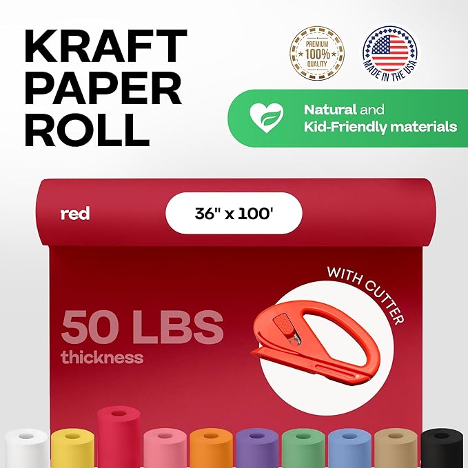 Christmas Red Kraft Paper Roll 36" x 1200" (100 feet) with Cutter - USA-Made Wrapping Paper for Packing, Moving, Shipping & Crafts/Arts - 100% Recyclable Natural Craft Material by IDL Packaging