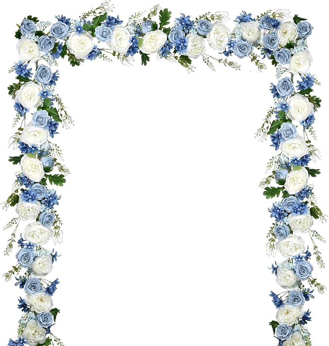 Lvydec 2 Pack Artificial Peony Flower Garland - 6ft Silk Peony Red Flower Garland Arch Flower Vine for Wedding Party Table Decoration(Blue and White)