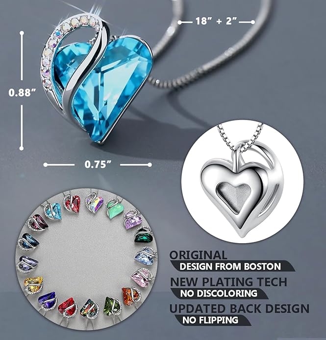 Leafael Necklaces for Women, Infinity Love Birthstone Heart Crystal Pendant, Birthday Jewelry Gifts for Her, Mom, and Wife, Silver Plated, 18 plus 2 inch Adjustable Chain