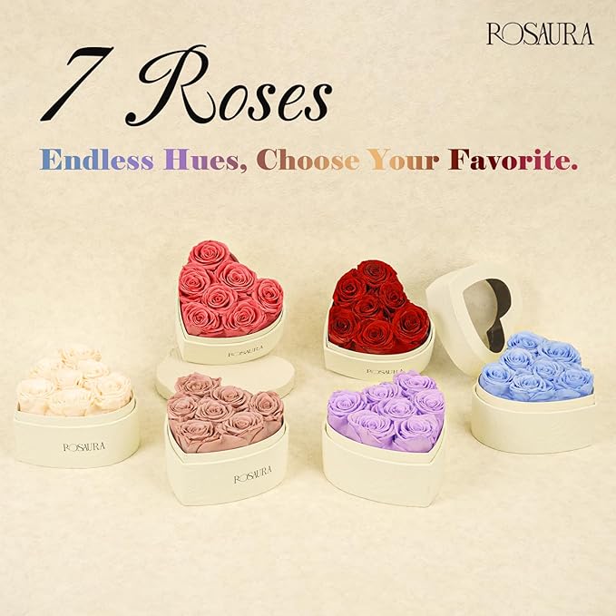 Rosaura Heart-Shaped Preserved Roses Gift Box - Real Forever Flowers for Birthday, Valentine's & Mother's Day (Cappuccino, 7 Roses)
