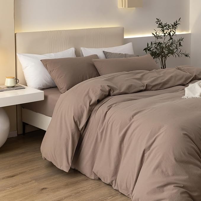 JIYUAN 100% Washed Cotton Duvet Cover Set 3 Pieces Cal King, 1 Duvet Cover 104x98 Inches(Comforter Not Included) and 2 Pillowcases,Linen Feel Bedding Set Comfy and Breathable,Light Brown
