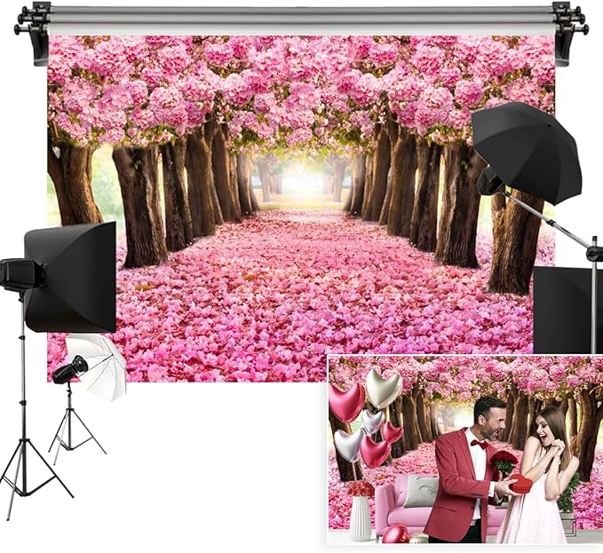 10x6.5ft Spring Pink Flower Backdrop Cherry Blossom Floral Petal Trees Boulevard Romantic Valentine's Day Photography Background for Wedding Baby Shower Tea Party Decor Girl Adult Portrait