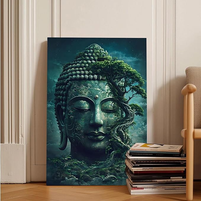 Buddha statue wall art canvas wall decor aesthetic picture mystical nature art for tranquil home and spiritual space 8x12in Wood Framed