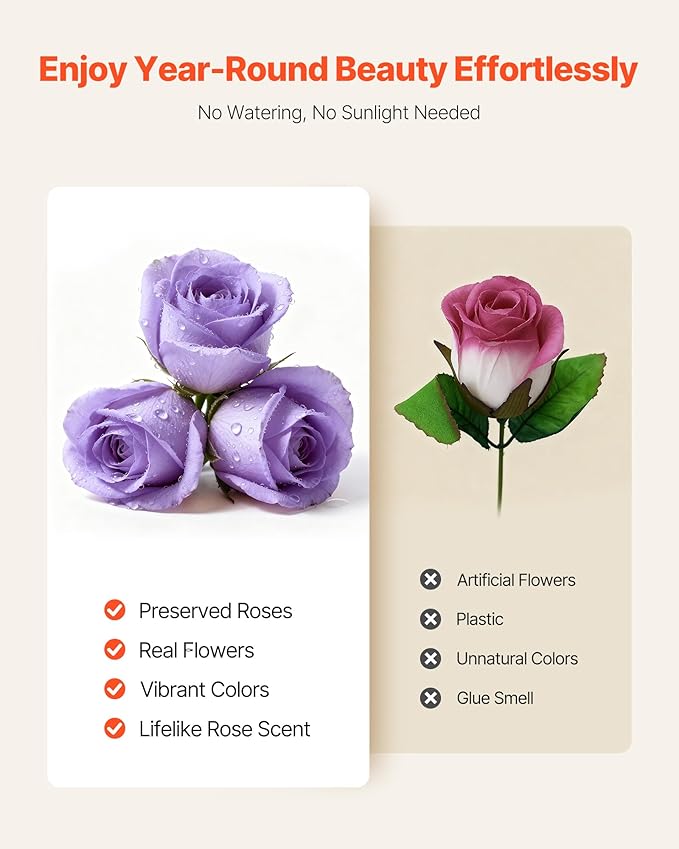 VEVOR Forever Flowers, 50 Preserved Roses in a Box, Eternal Flowers Immortal Bouquet Birthday Present for Women Her Wife Mothers, Anniversary, Valentine's Day,Christmas, Lavender Purple
