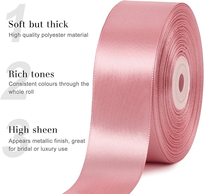 1-1/2 Inches 50 Yards Rosy Mauve Satin Ribbon, Solid Fabric Ribbon Roll for Flower Bouquets, Gift Wrapping, Wedding, Handmade Crafts