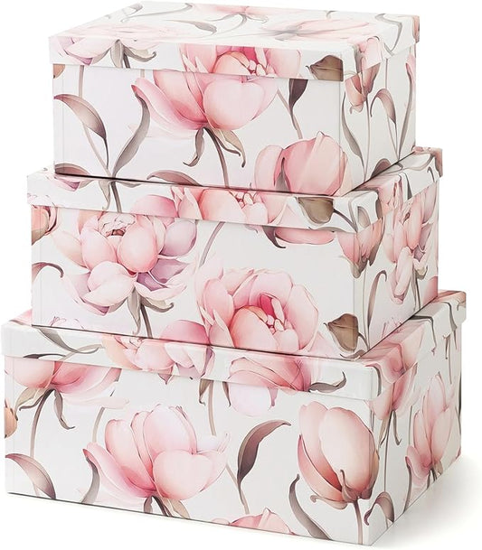 Soul & Lane Decorative Cardboard Storage Boxes with Lids for Home Decor and Organization, Set of 3 Large Keepsake Boxes for Memories & Gifts, Nesting Floral Photo Storage Containers, Peonies Paradise