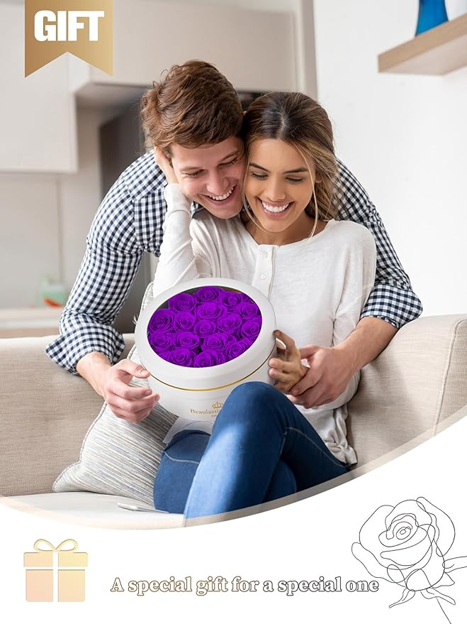 Preserved Roses Forever Flowers Real Roses in a Box Mother's Day Birthday Flowers for Her Mom Women Wife Valentine's Day, 16 Purple Roses