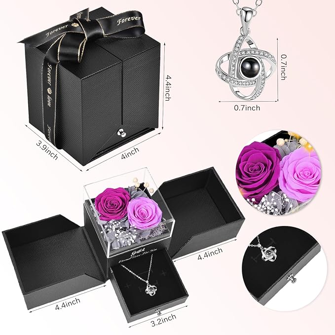 2 Preserved Rose Gift for Women - Eternal Rose with I Love You Necklace - Romantic Birthday Gifts for Girlfriend Mom Her Wife Grandma on Valentines Mothers Day Anniversary Christmas-Purple