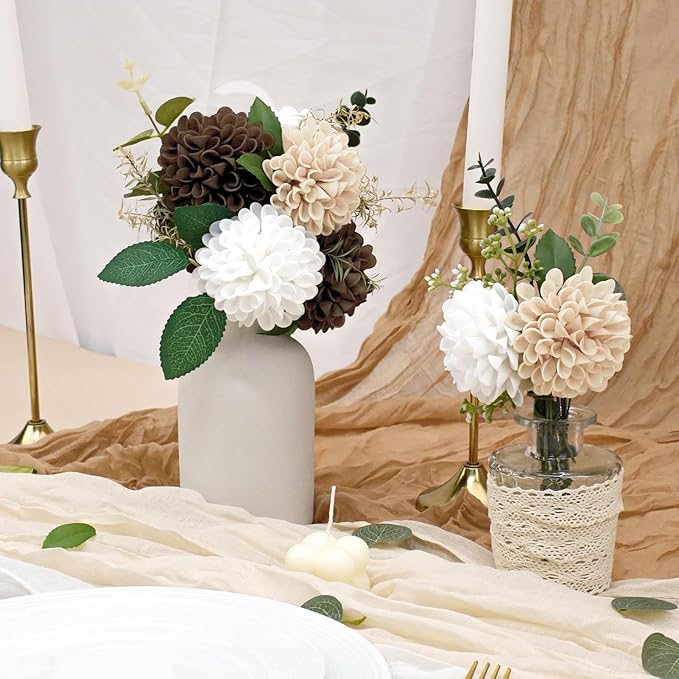 Artificial Flowers, 25pcs Artificial Rose for DIY Bouquets Arrangement,Chocolate and Tan Dahlia Flowers Foam Fake with Stems for Wedding Shower Party Floral Arrangements Tables Home Decorations