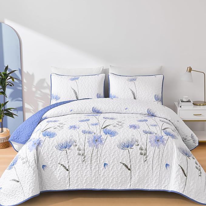 Dinjoy Quilt Set Full Size Blue, Floral Bedspreads 3 Pieces Reversible Quilts Bedding Set Microfiber Lightweight Bedspread Coverlet Farmhouse Set for Women Girls 78"x90"