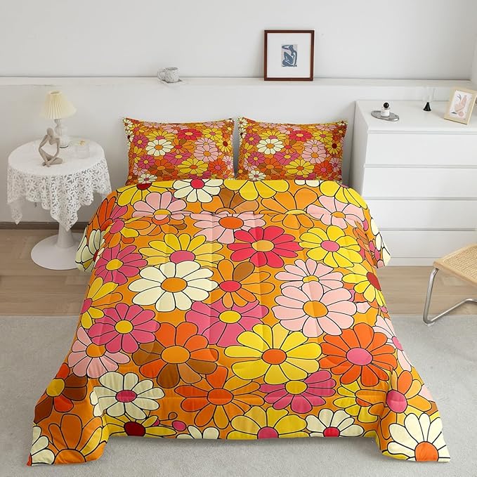 Castle Fairy Bohemian Flowers Bedding Comforters King Size,70s Floral Comforter Set for Children Xmas Gift,Hippie Retro Groovy Botanical Quilt Set Bedroom Decor, 2 Pillowcases