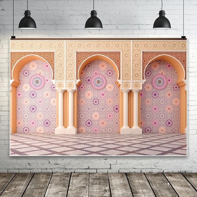 Yeele 9x6ft Bohemia Palace Backdrop Boho Style Pink Floral Wall Plaid Floor Dreamy Villa Inside Photography Background for Wedding Bridal Shower Girl Birthday Party Decor Portrait Photo Shoot Prop
