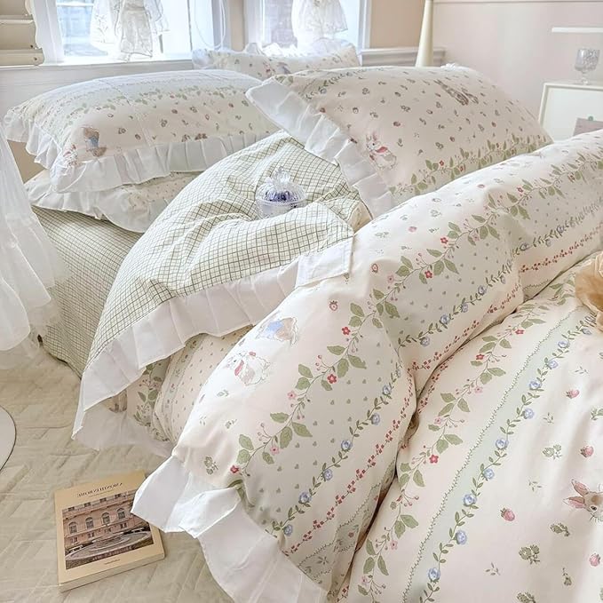 Twin XL Comforter Set Cute Flower Green Leaves Pattern Comforter White Ruffle Bedding Comforter with 2 Pillowcases Reversible Green Plaid Comforter Botanical Flower Cute Rabbit Comforter Set