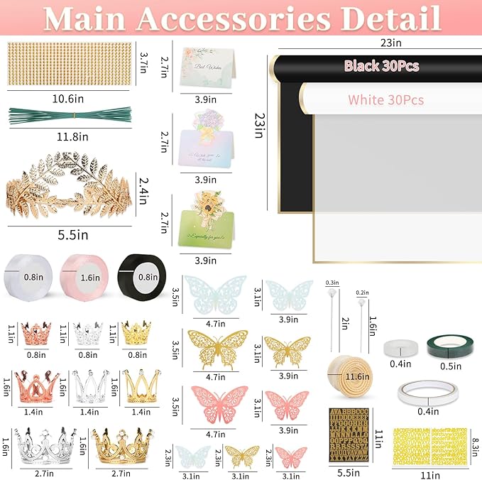 260Pcs Flower Bouquet Wrapping Paper Kit, 60 Sheets Waterproof Paper, 36 Butterflies, 8 Crowns, 1 Headband, 4 Ribbons, 15 Cards, 100 Diamond Pins, 30 Floral Wire, 3 Stickers, 3 Tapes (Black & White)