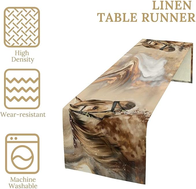 Marble Horse Table Runner, Dark Brown Marble Abstract Horse White Gold Natural Texture Dinner Runner Table Decoration for Home Kitchen Dining Holiday Party 13x70in