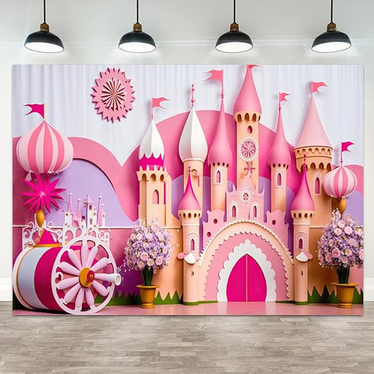 5x3ft Princess Castle Backdrop Pink Purple Floral Girl Birthday Photography Background Kids Birthdays Newborn Baby Shower Banner Decorations Wedding Party Portrait Photo Booth Prop