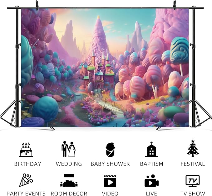 12x10ft Candyland Backdrop Fantasy Candy Castle Photography Background Sweet Lollipop Dream Blue Sky Cartoon Kids Birthday Banner Decorations Baby Shower Newborn Portrait Photo Booth Prop
