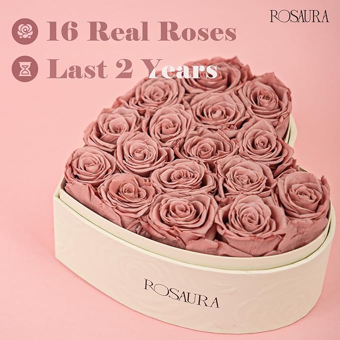 Rosaura Heart-Shaped Preserved Roses Gift Box - Real Forever Flowers for Birthday, Valentine's & Mother's Day (Cappuccino, 16 roses)