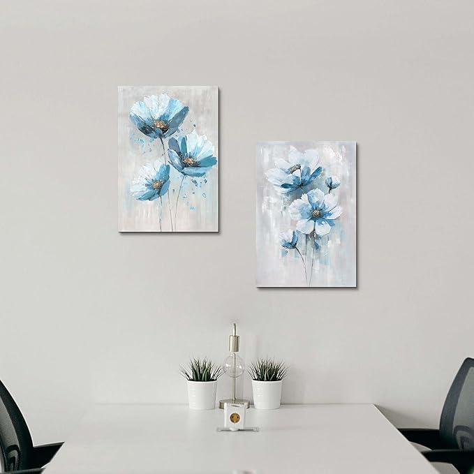 Flower Abstract Canvas Wall Art: 2 Pieces Teal Floral Prints Artwork Vintage Turquoise Bouquet Botanical Painting Picture for Bedroom Living Room Bathroom Home Office