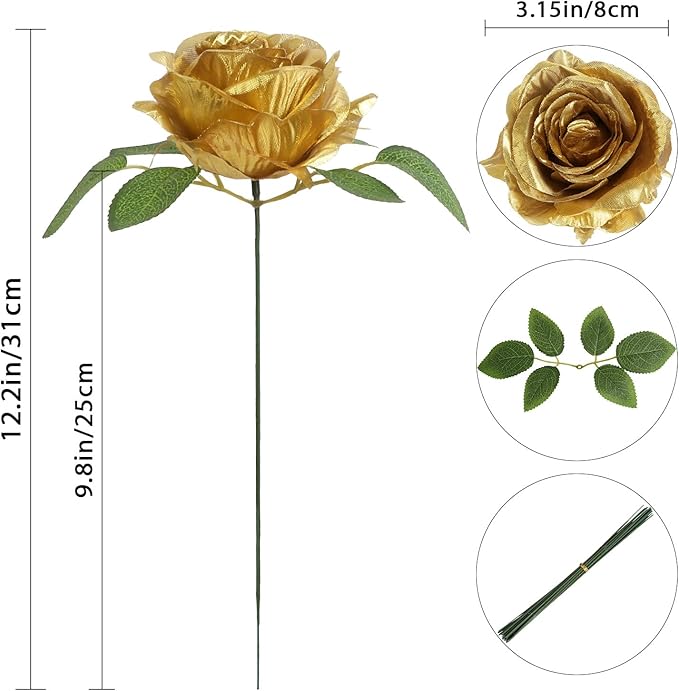 20pcs Gold Roses Artificial Flowers Fake Roses Real Looking Silk Flowers Bulk Big Faux Flowers with Stems for Wedding Centerpieces Table Home Party Decoration Bridal Floral Arrangement (Gold)