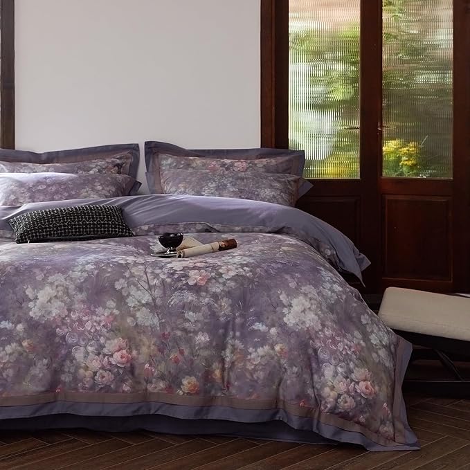 VM VOUGEMARKET Purple Floral Duvet Cover Set Queen,3 Pieces Garden Flower Duvet Cover with 2 Pillow Shams Smooth Silky Long Staple Cotton Bedding Set-Queen,90x90 Inch