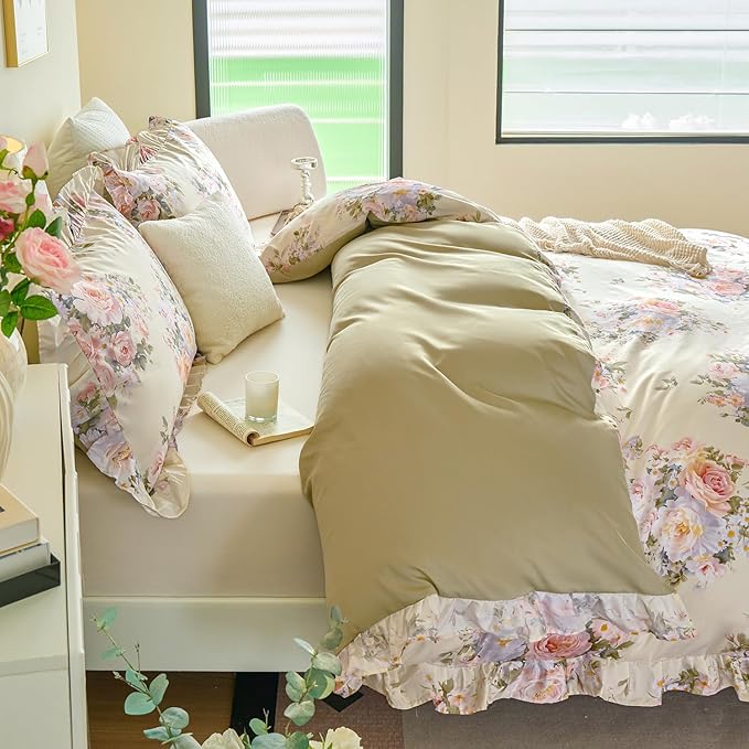 Ruffle Floral Duvet Cover Set 100% Cotton Queen Size, Shabby Blush Pink Cream Rose Comforter Cover, Satin Weave, Soft & Breathable, French Country Cottagecore Bedding 3Pcs-Not Comforter