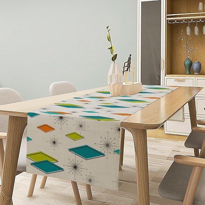 Mid Century Table Runner, Modern Atomic Pattern Absctract Geometric Retro Dinner Runner for Home Kitchen Dining Table Decoration, 13x60 Inch