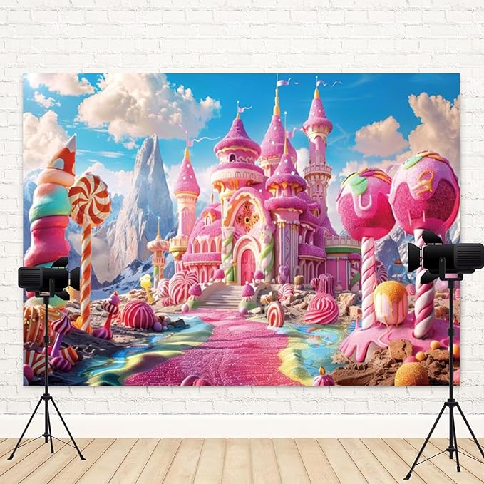 10x7ft Pink Fantasy Castle Backdrop Candy Land Sweet Candy House Photography Background Baby Shower Sweet Girl Princess Birthday Banner Decorations Kids Artistic Portrait Photo Booth Prop