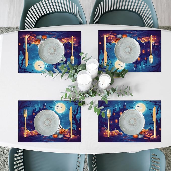 Halloween Cute Ghosts Pumpkin Placemats Set of 4 PVC Vinyl Non Slip Table Mats Heat Resistant Place Mats Washable Wipeable Dining Table Mat for Kitchen Decor Party Indoor Outdoor Decorative Gift