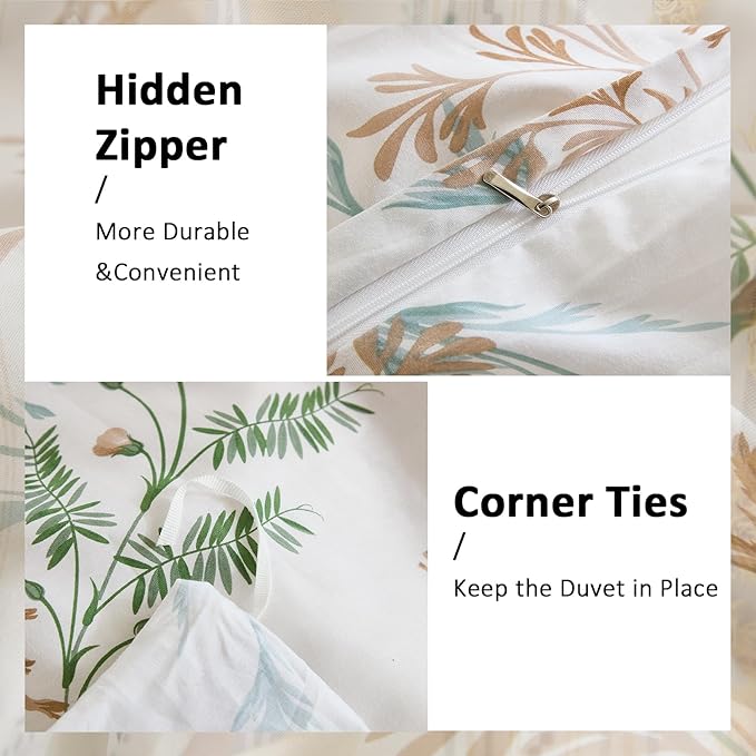 100% Cotton Duvet Cover Queen Size Ultra Soft Green Floral Comforter Cover with Luxurious Tan & Green Leaves on White, Reversible Lightweight Floral Duvet Cover Sets