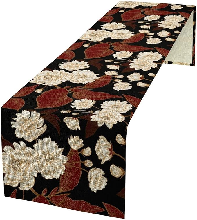 Red Gold Floral Table Runner, Boho Dark Flower Leaves Chinese Plum Blossoms Botanical Vintage White Gold Art Print Table Runner for Spring Holiday Decor, 13x36inch